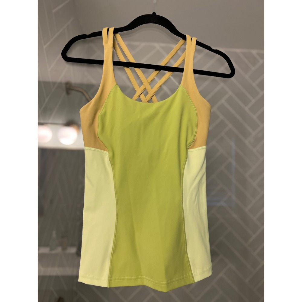 Lululemon Strappy Back Athletic Tank Top Colorblock Green Tan Shelf Bra Womens
